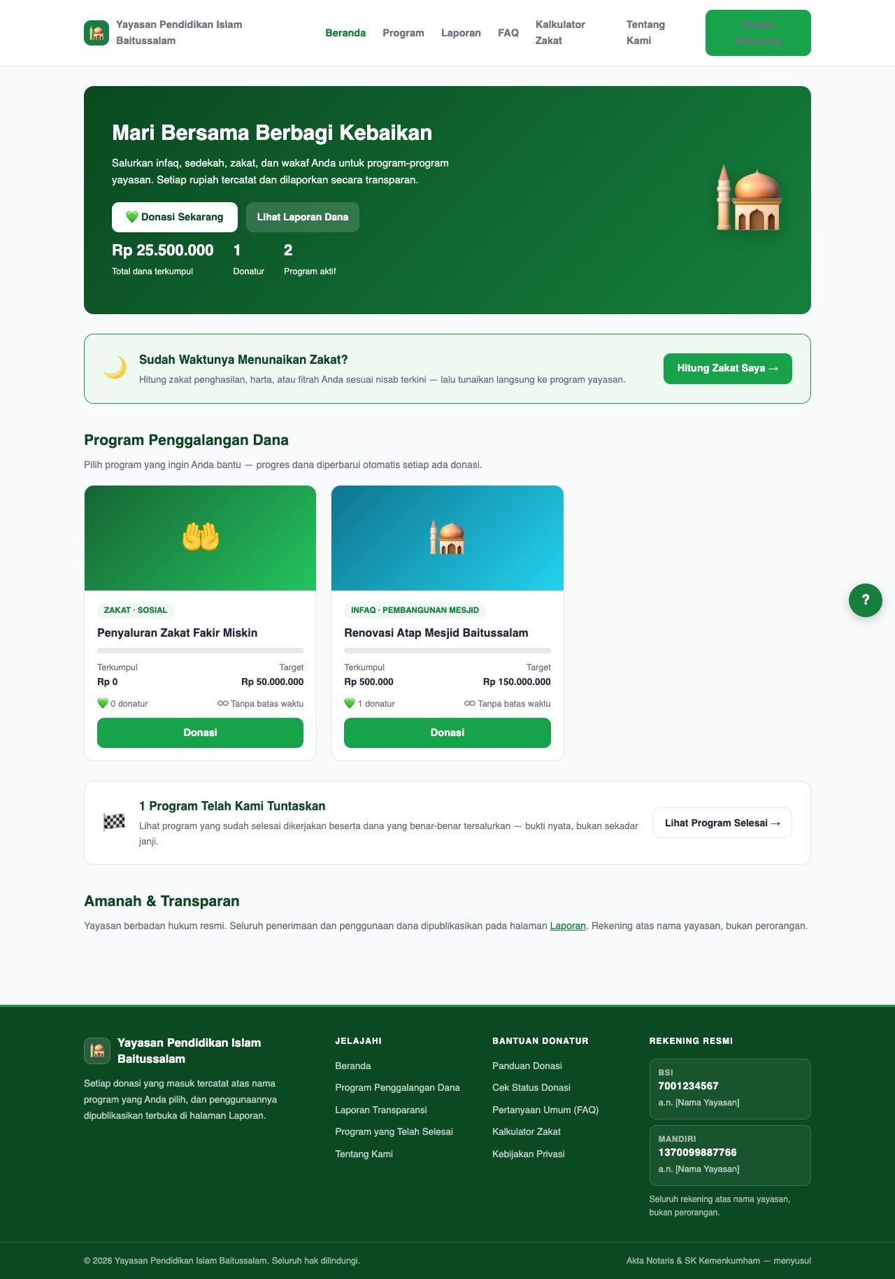 Halaman Beranda platform donasi